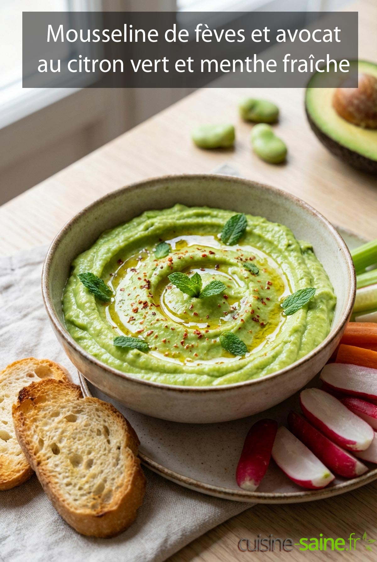 Mousseline de fèves et avocat au citron vert et menthe fraîche