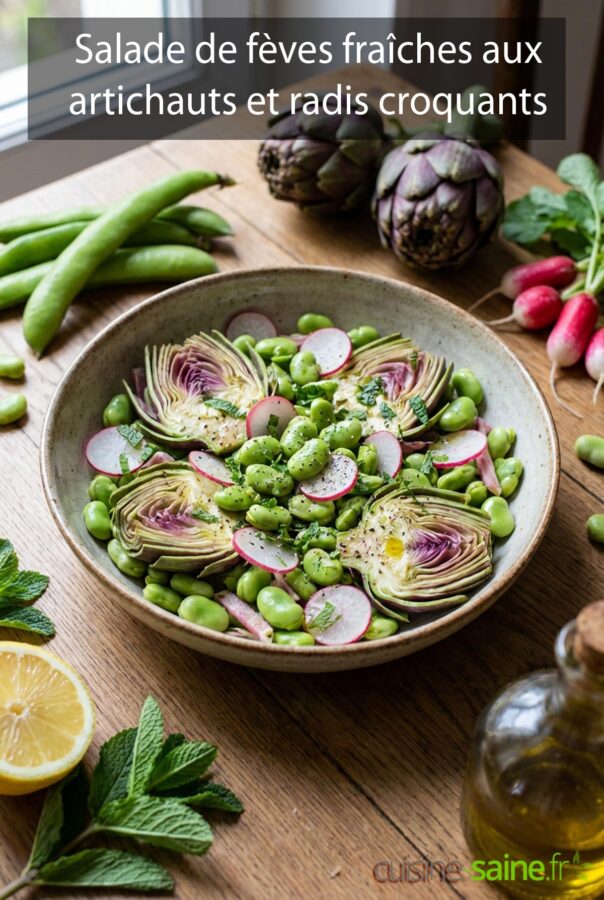 Salade de fèves fraîches aux artichauts et radis croquants