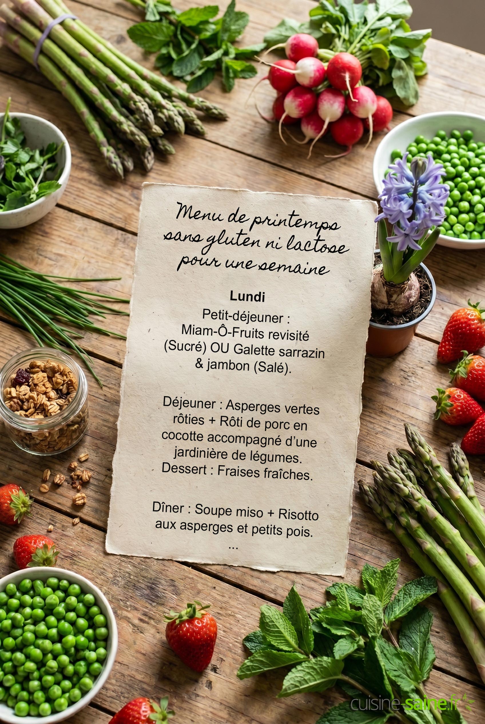 Menu de printemps sans gluten ni lactose pour une semaine