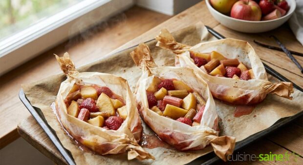 Papillote de fruits de saison aux épices douces : pomme, rhubarbe et fraise