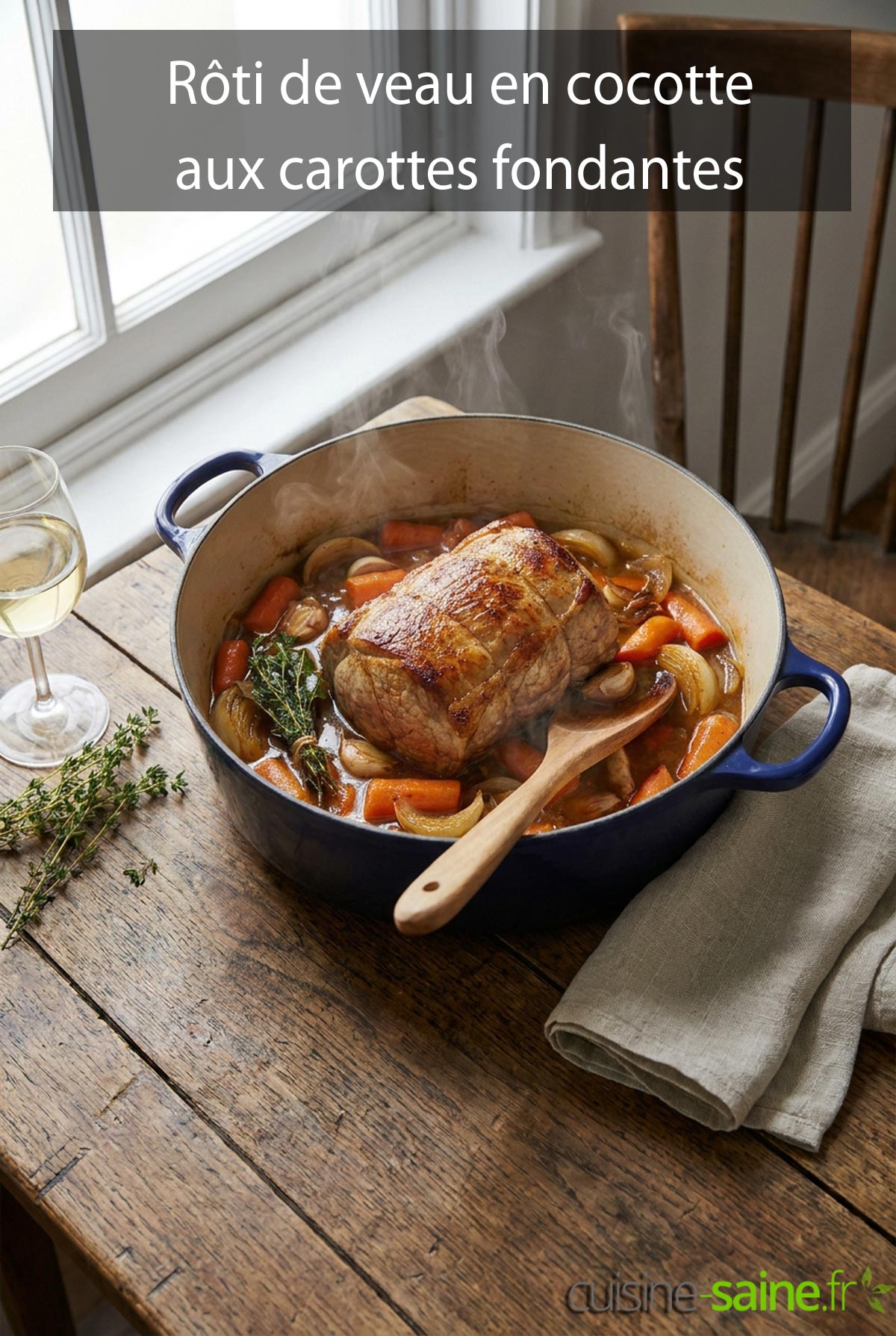 Un rôti de veau en cocotte doré et ses carottes fondantes prêts à servir