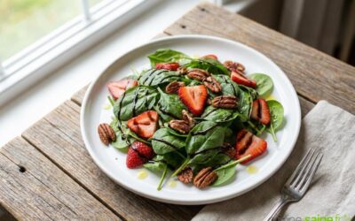 Salade d’épinards aux fraises et noix de pécan, vinaigrette balsamique réduite