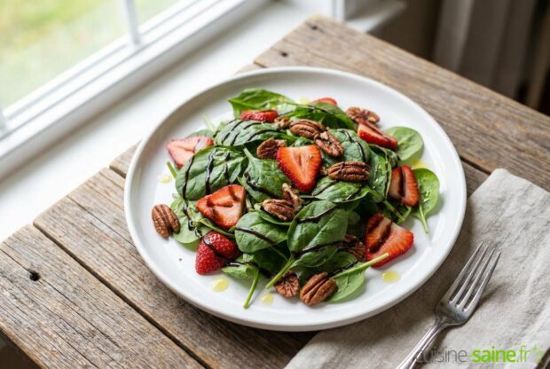 Salade d'épinards aux fraises et noix de pécan, vinaigrette balsamique réduite