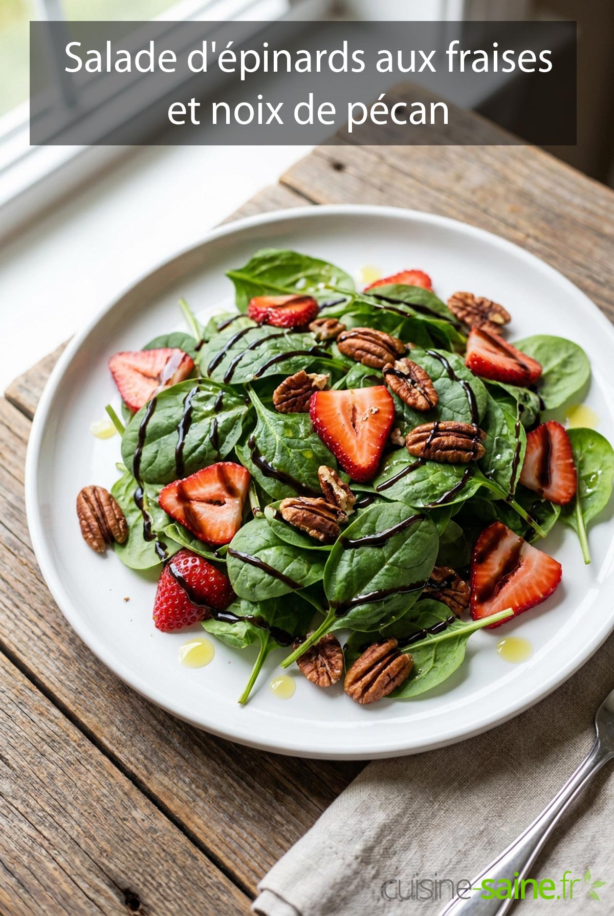 Salade d'épinards aux fraises et noix de pécan, vinaigrette balsamique réduite