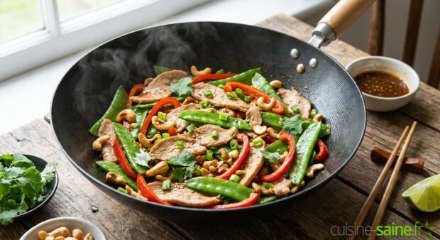 Recette de wok de dinde aux pois gourmands et noix de cajou
