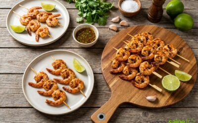 Brochettes de crevettes marinées citron vert et coriandre