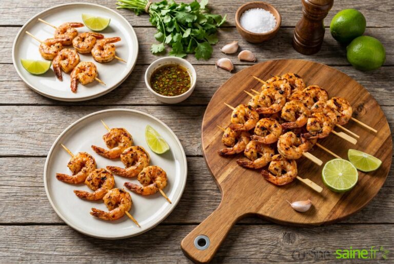 Brochettes de crevettes marinées citron vert et coriandre
