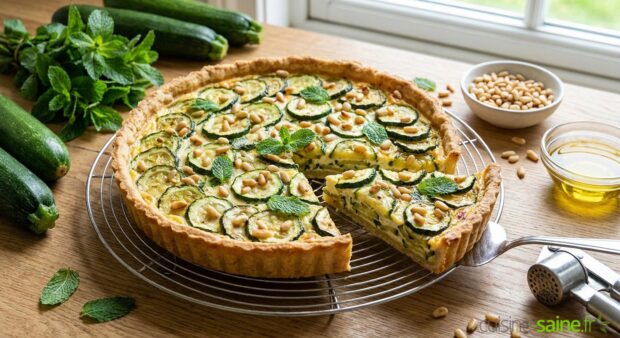 Tarte à la courgette sans gluten, menthe et pignons de pin