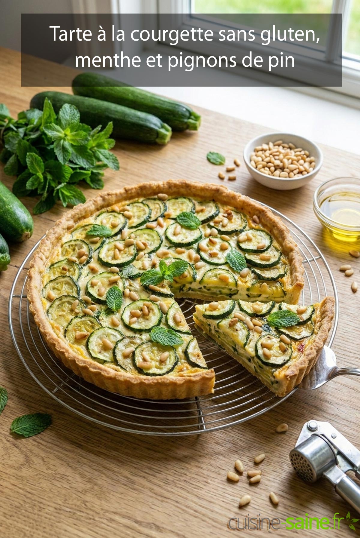 Tarte à la courgette sans gluten avec menthe et pignons