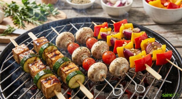 3 brochettes sont disposées sur un barbecue en train de cuire