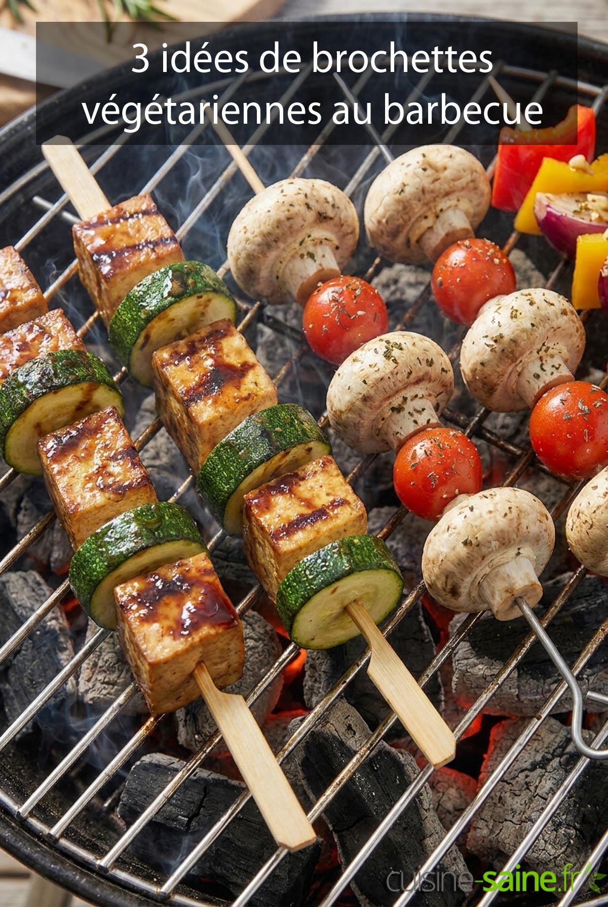 3 brochettes sont disposées sur un barbecue en train de cuire