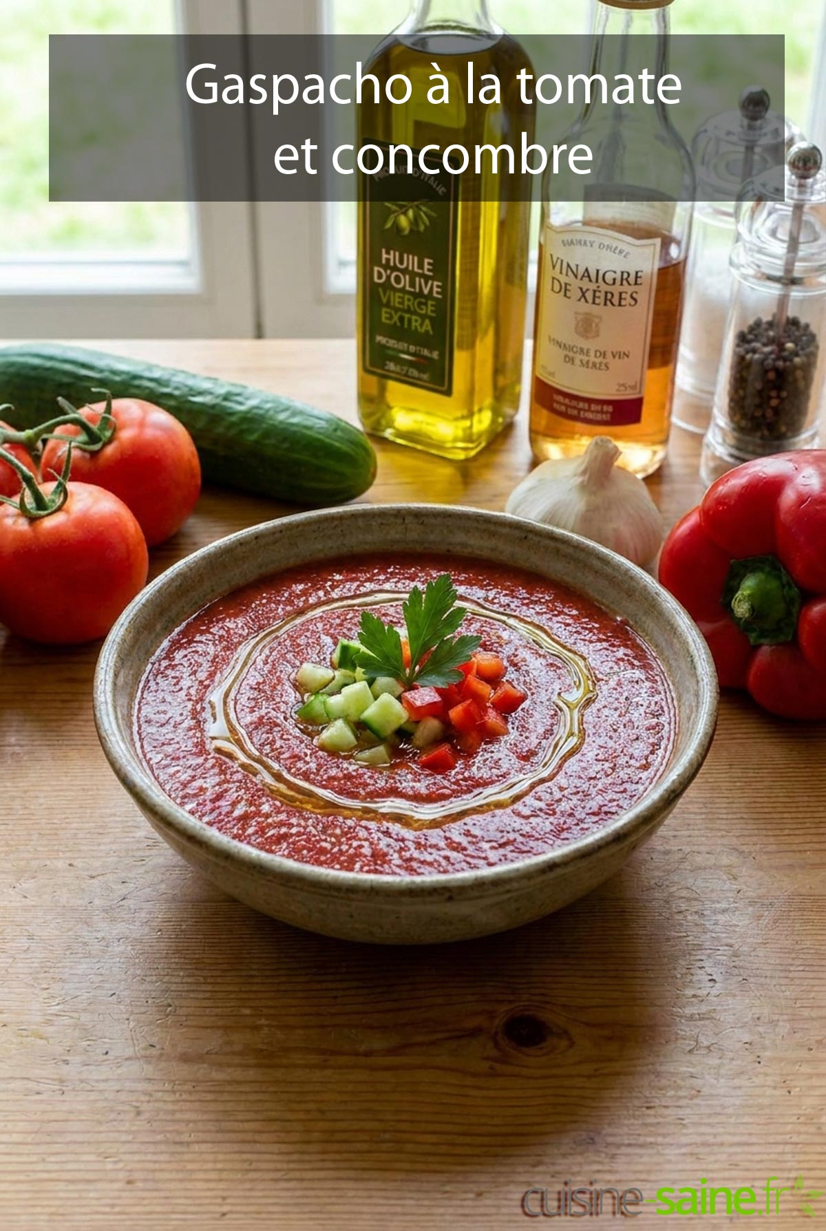 Mon gaspacho à la tomate rafraîchissant servi bien frais