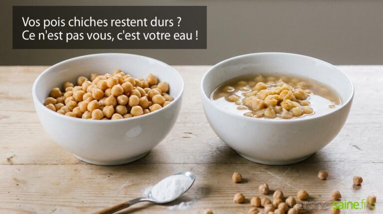 Pois chiches cuits fermes et fondants côte à côte, avec du bicarbonate et des pois chiches secs