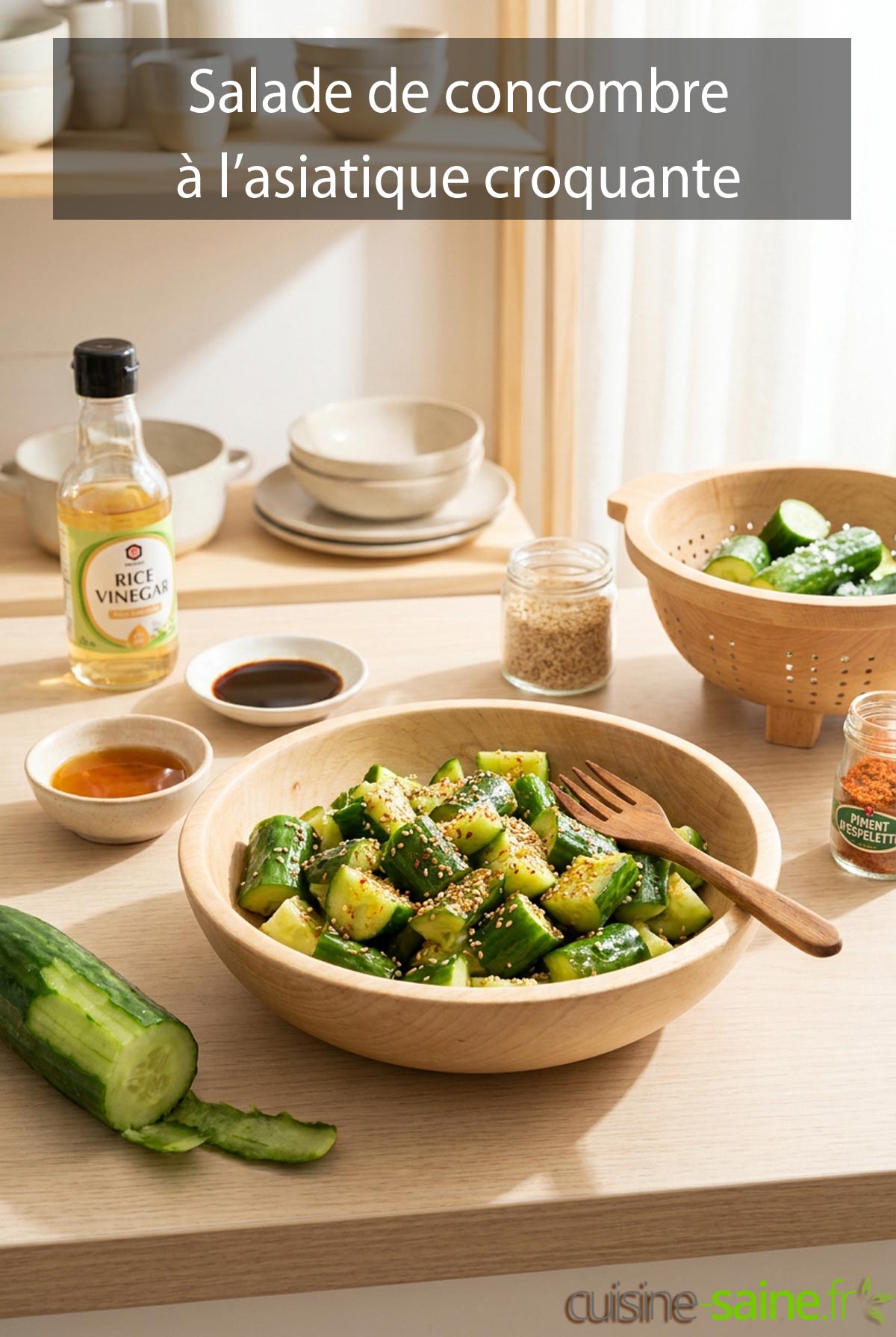 Bol de salade de concombre à l'asiatique avec graines de sésame et piment