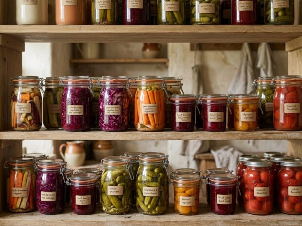 Bocaux de légumes lacto-fermentés et confitures maison