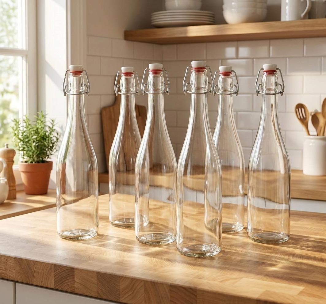 Six bouteilles en verre épais à bouchon mécanique alignées sur un plan de travail en bois