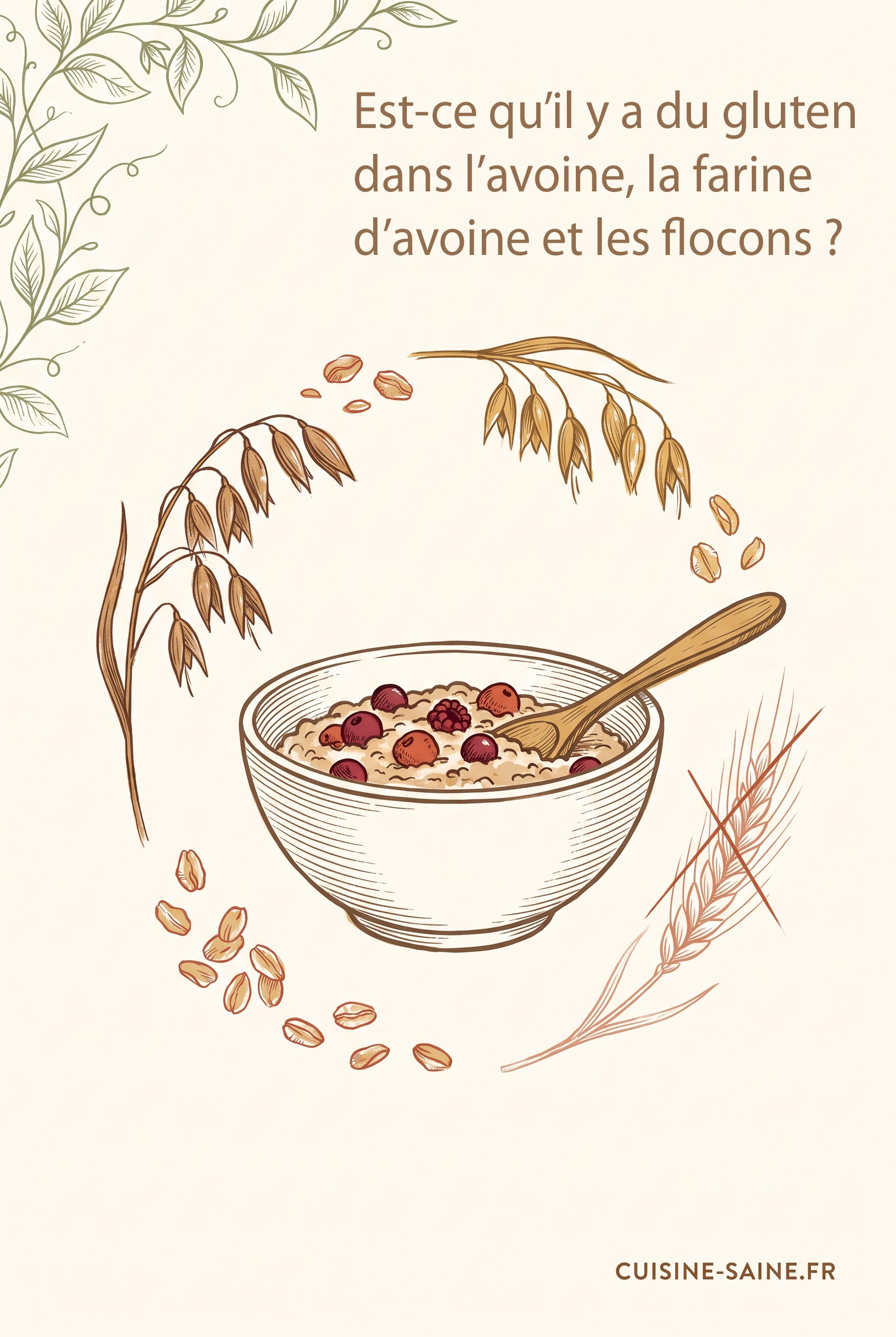Bol de porridge aux flocons d'avoine entouré de panicules d'avoine, avec un épi de blé barré : y a-t-il du gluten dans l'avoine ?