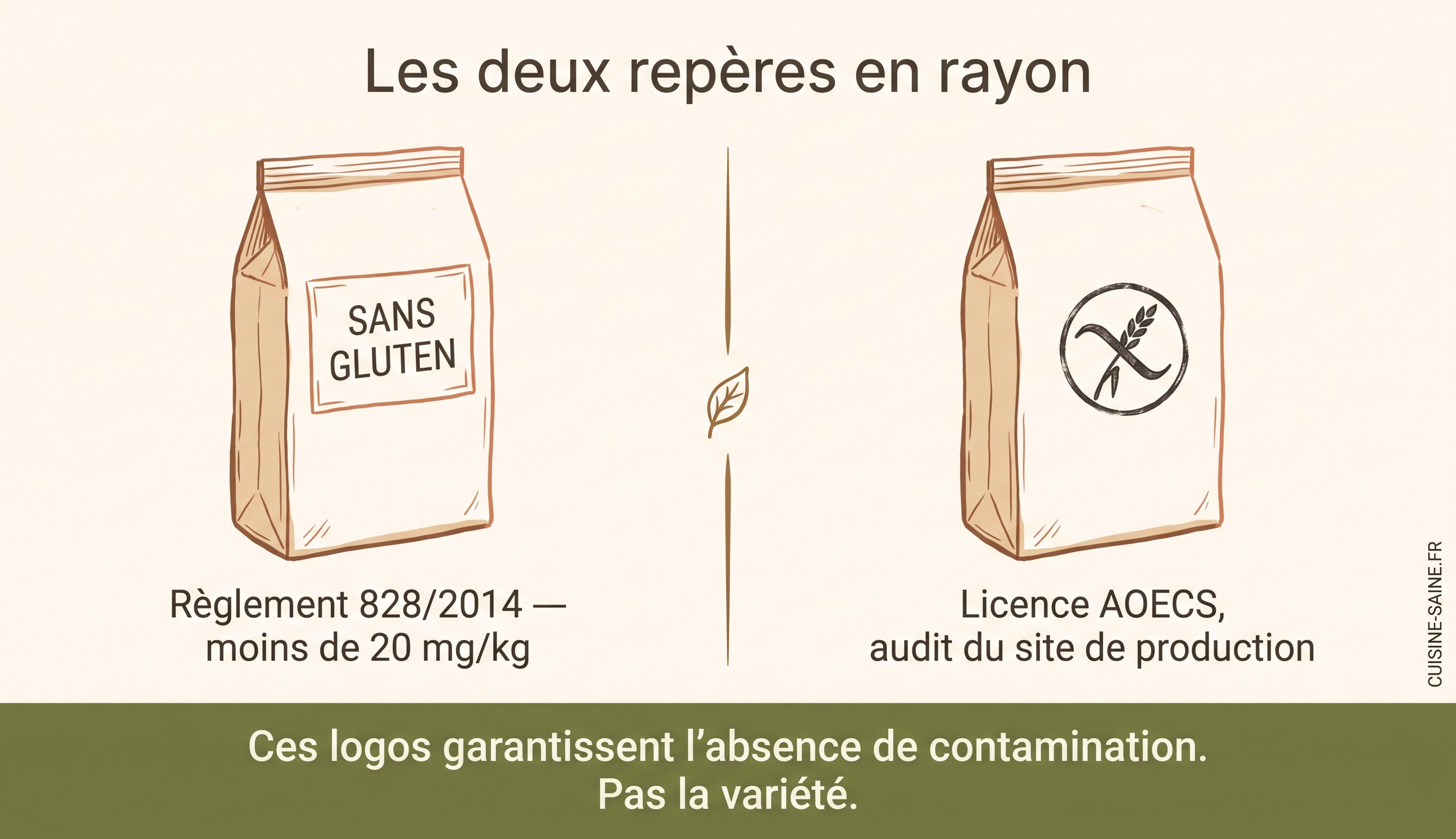 Les deux repères pour acheter de l'avoine sans gluten : la mention réglementaire sans gluten et le logo épi barré sous licence AOECS