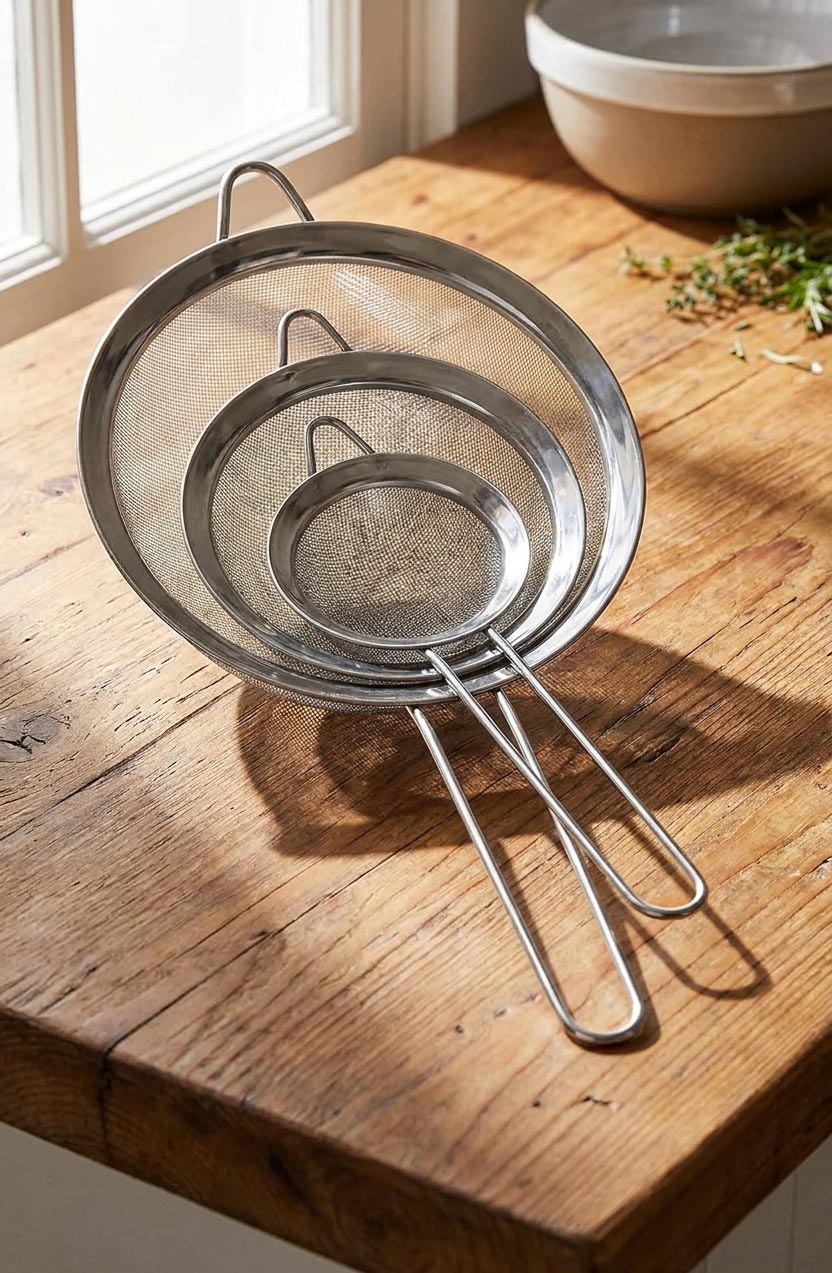 Trois passoires en inox à maille fine de diamètres différents
