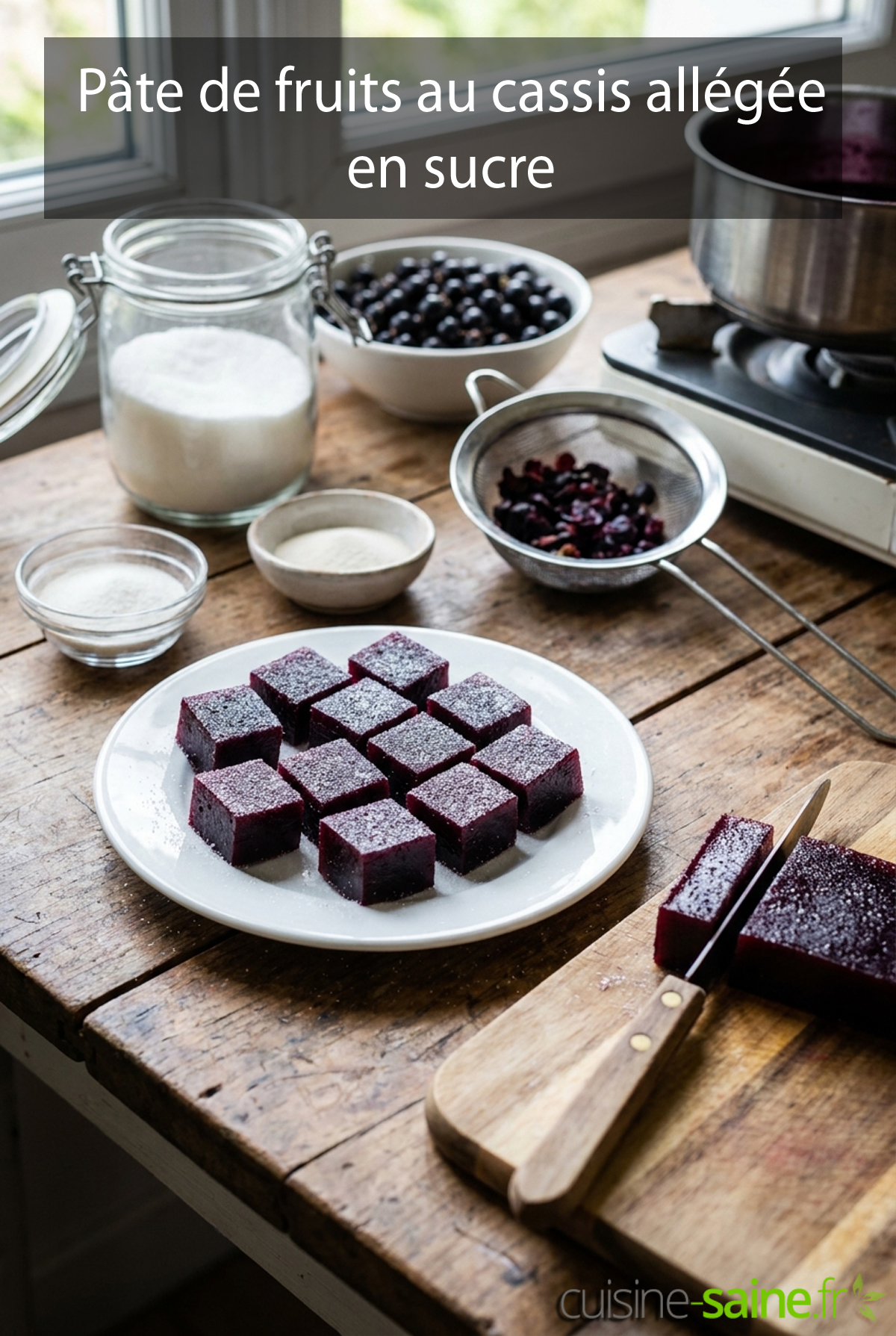 Pâte de fruits au cassis allégée en sucre découpée en cubes
