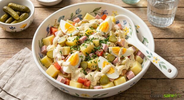 Salade piémontaise sans lactose servie dans un grand saladier