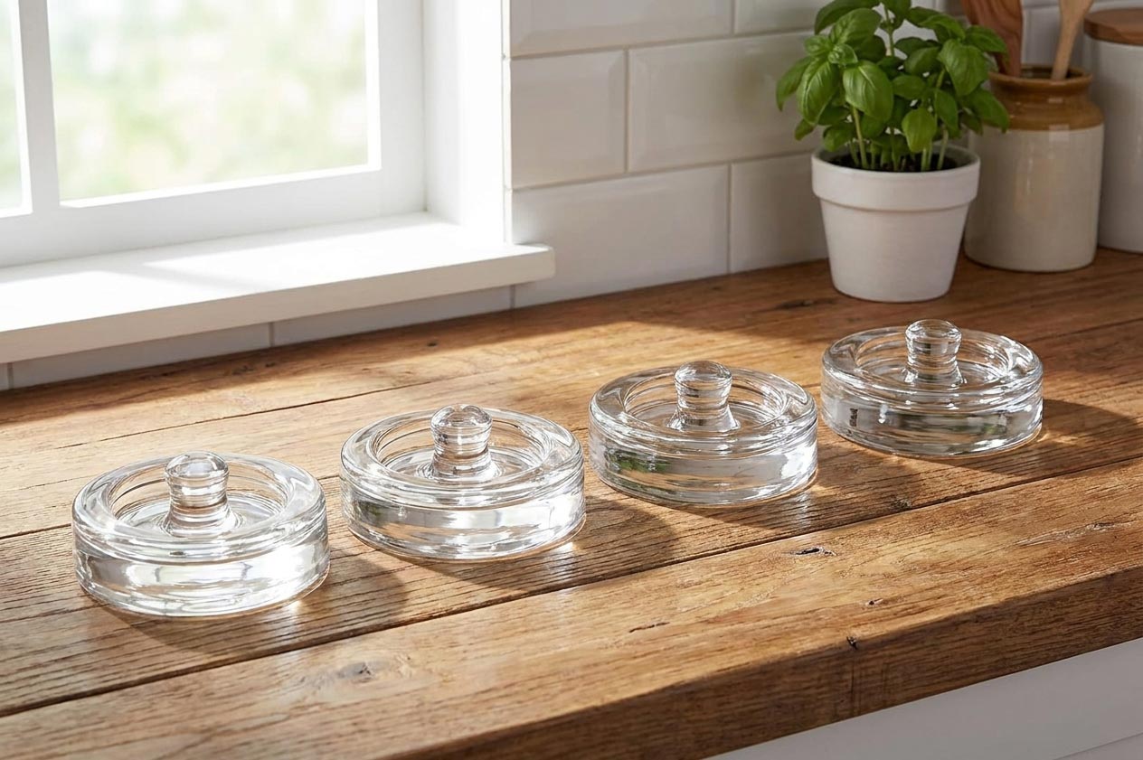Lot de poids de fermentation en verre à poignée, alignés sur un plan de travail