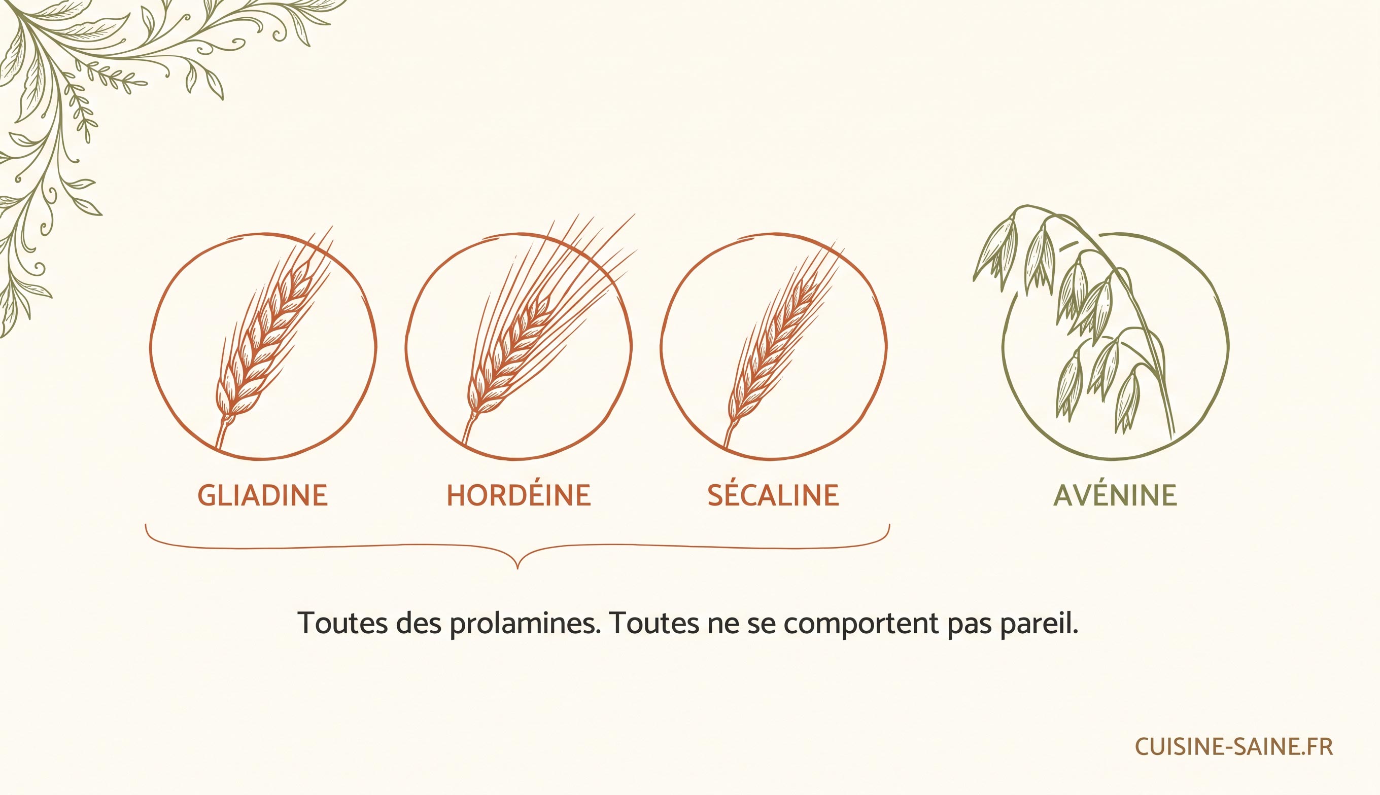 Les prolamines des céréales : gliadine du blé, hordéine de l'orge, sécaline du seigle et avénine de l'avoine