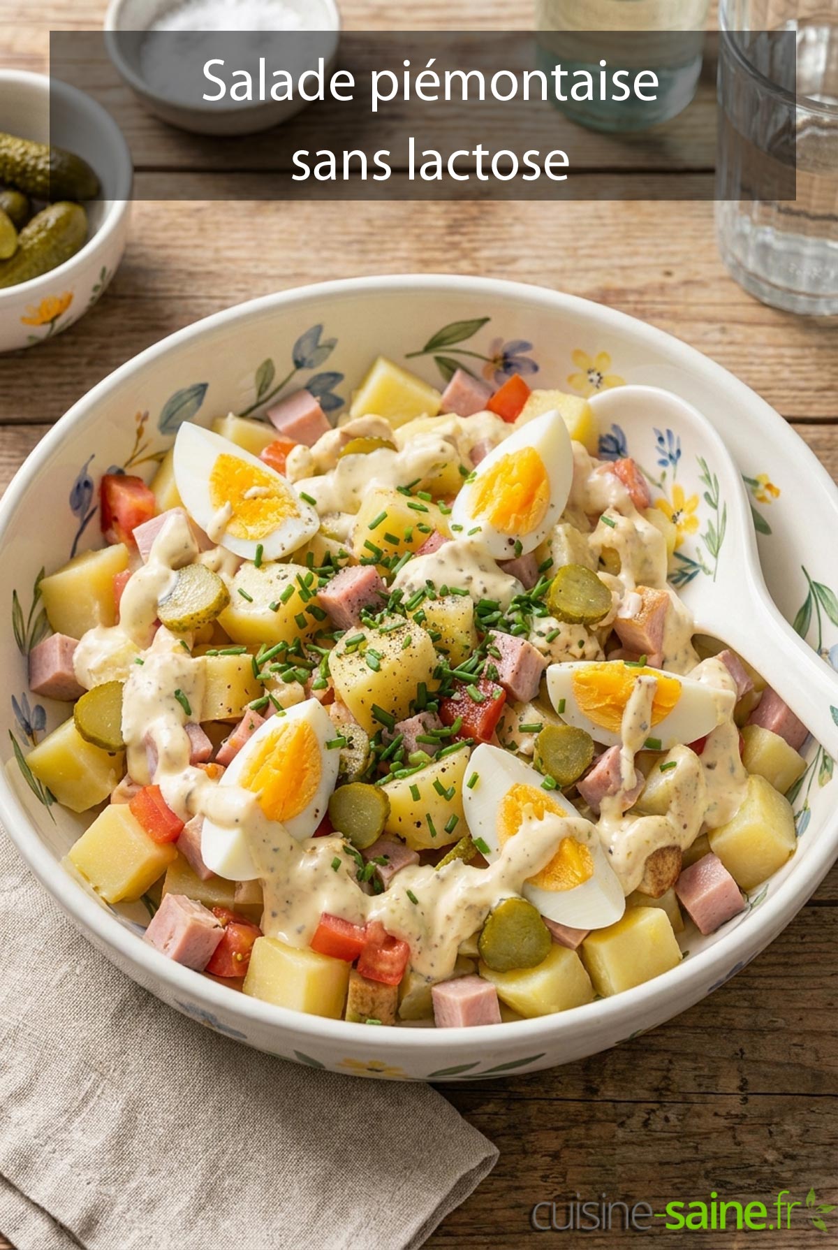 Salade piémontaise sans lactose servie dans un grand saladier