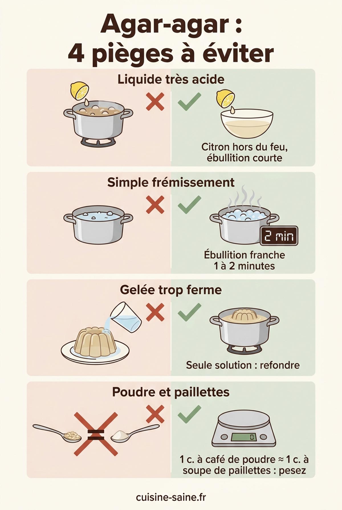 Schéma des 4 pièges de l'agar-agar : liquides acides, simple frémissement, gelée trop ferme, poudre et paillettes