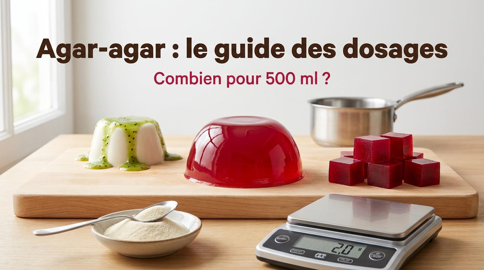 Gelées de fruits démoulées, panna cotta végétale et cubes de gelée sur une planche en bois, avec un bol d'agar-agar en poudre et une balance de précision, titre Agar-agar le guide des dosages