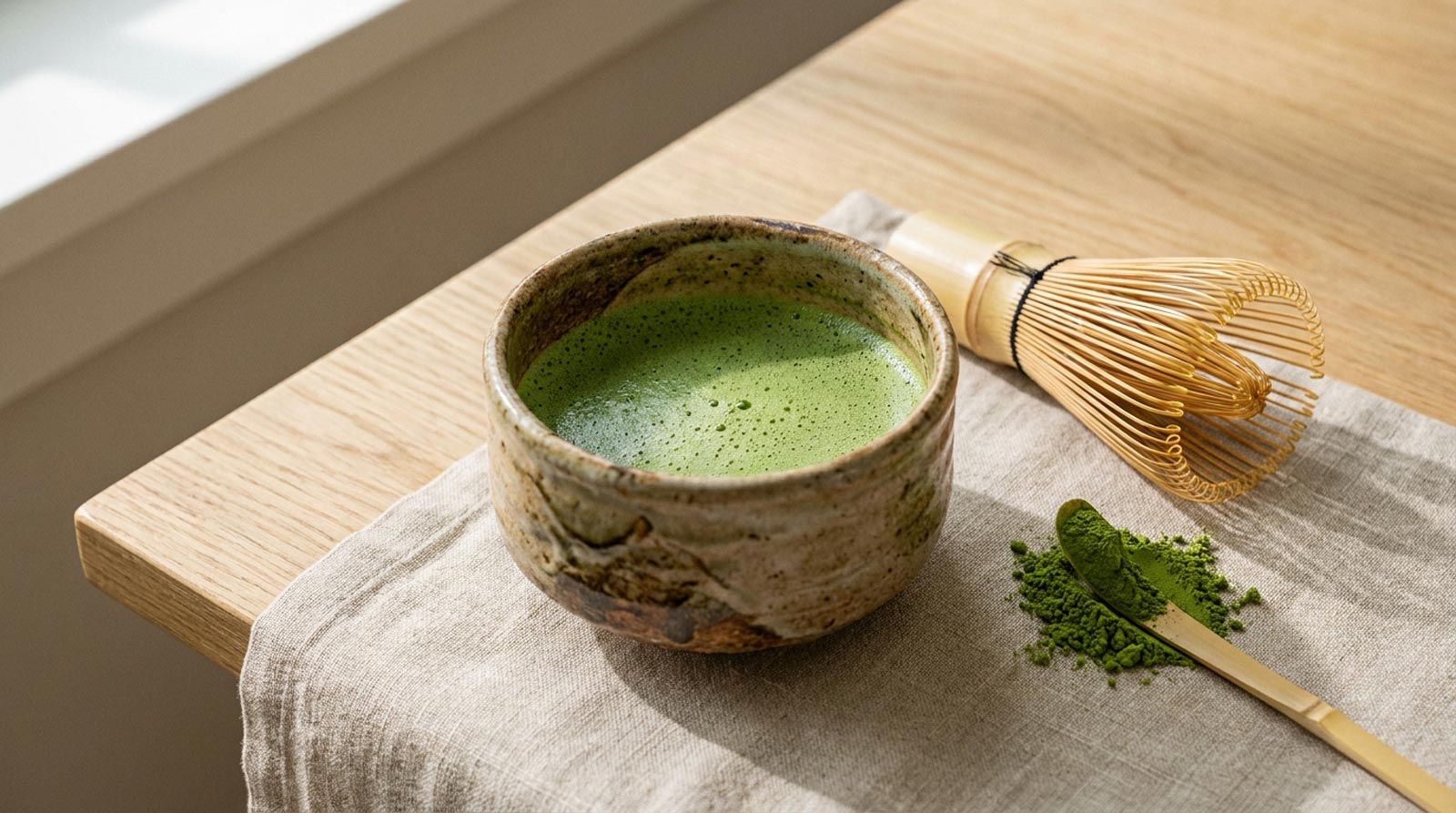 Bol de matcha vert vif couvert d’une mousse fine, fouet en bambou posé à côté