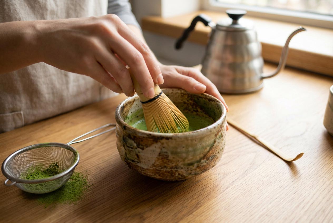 Bol chawan, fouet en bambou chasen, cuillère chashaku et petit tamis disposés sur un plan de travail