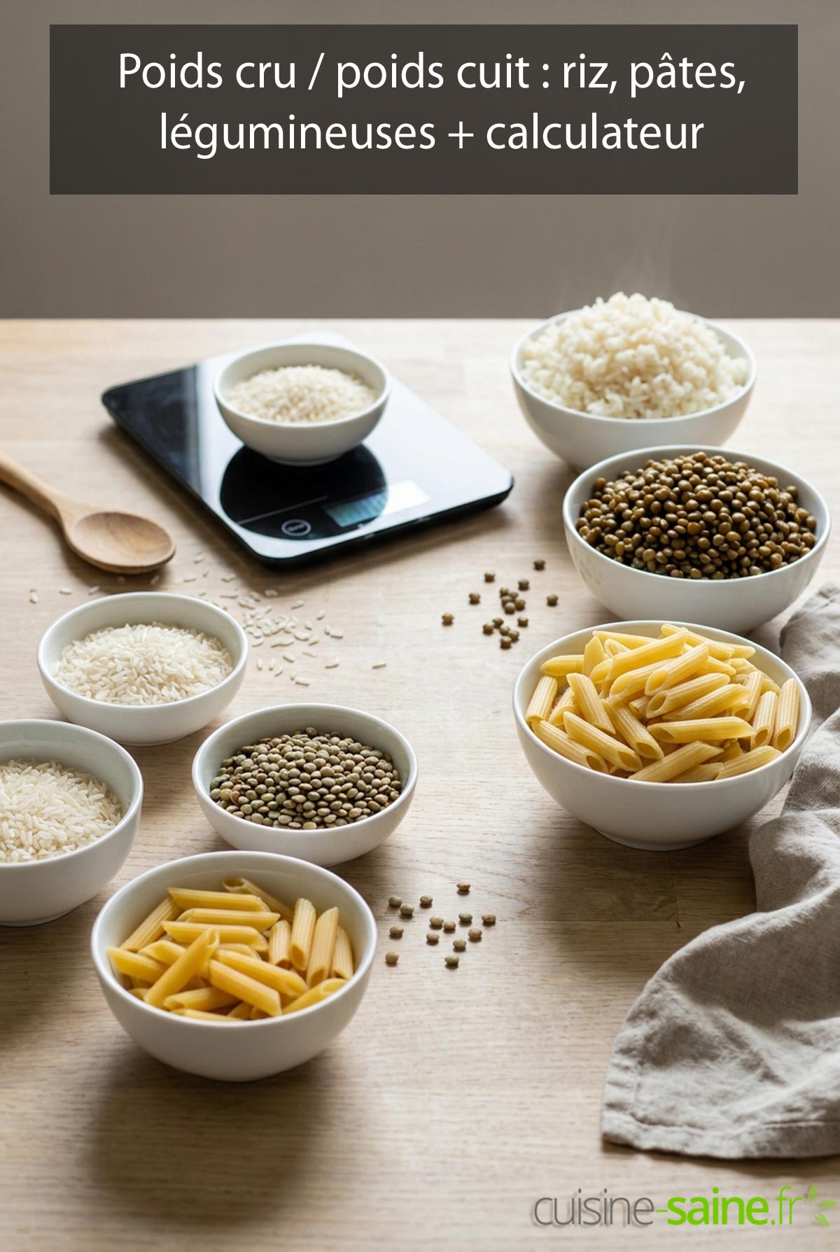 Riz, lentilles et pâtes crus et cuits dans des bols identiques montrant la différence de volume