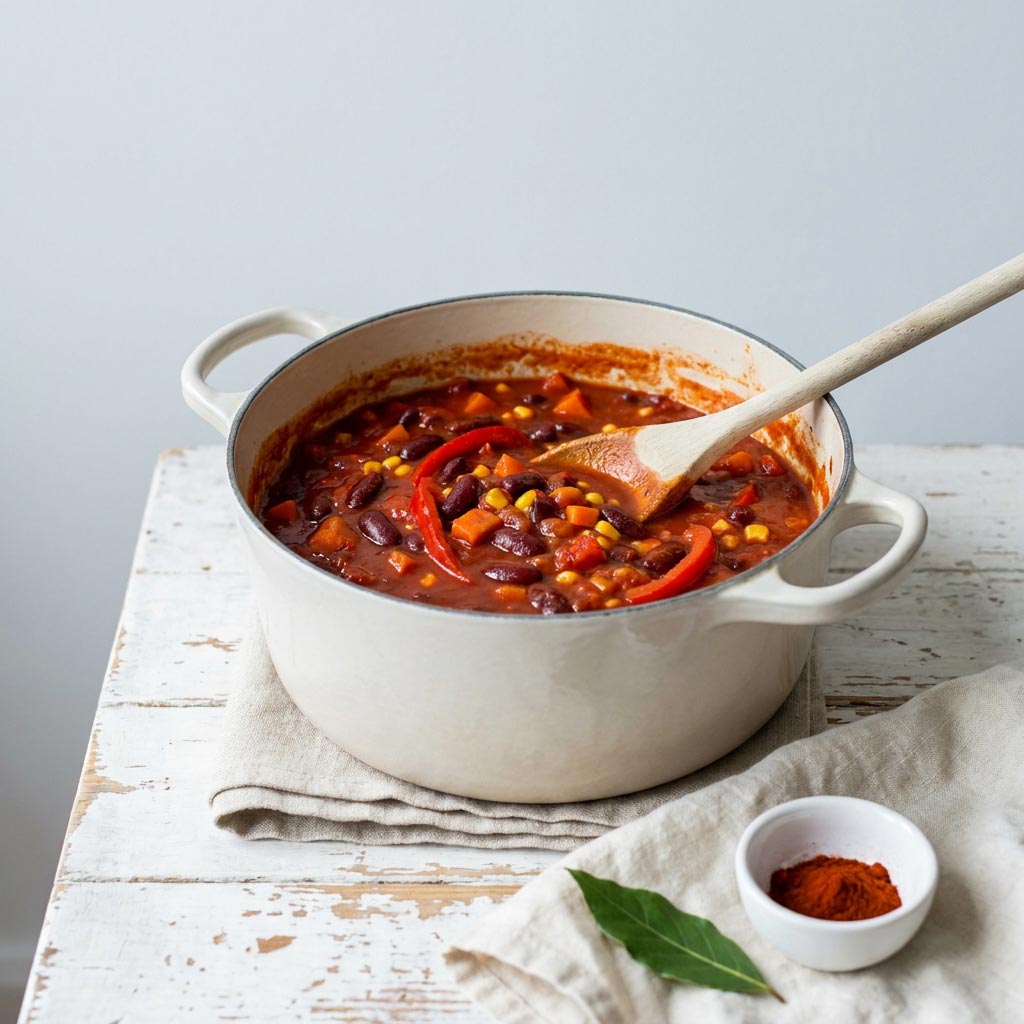 Chili de haricots rouges sans gluten qui mijote dans une cocotte en fonte, poivrons et maïs