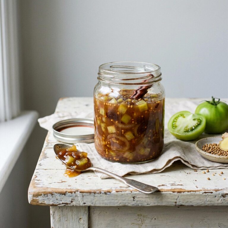 Bocal ouvert de chutney de tomates vertes aux épices posé sur une table