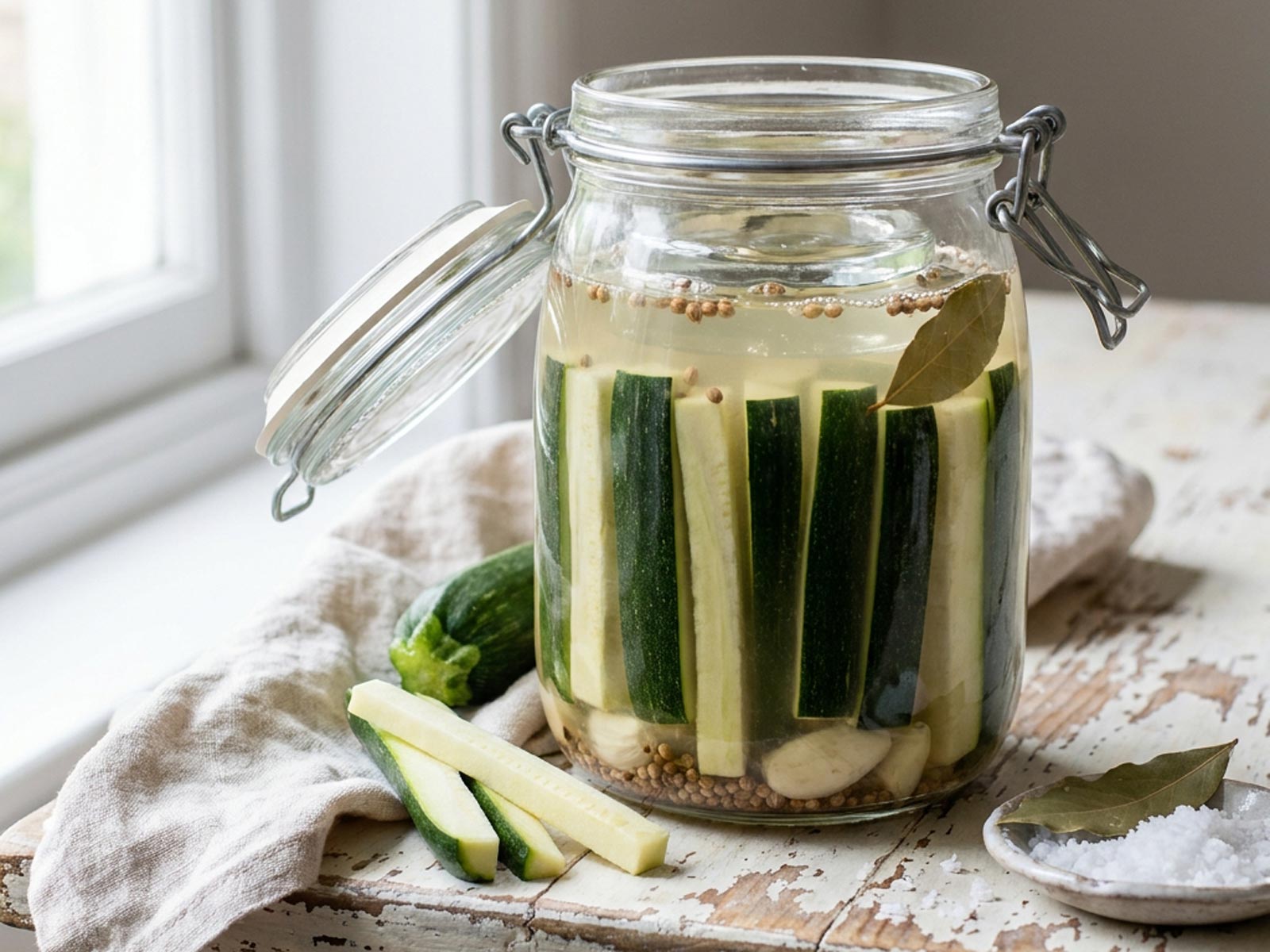 Courgettes lactofermentées en bâtonnets dans un bocal, sous la saumure