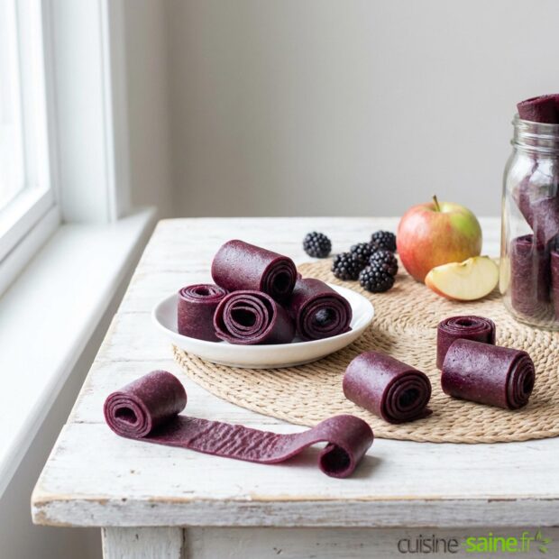 Recette de cuir de fruits pomme-mûre au déshydrateur ou au four, sans gluten et vegan