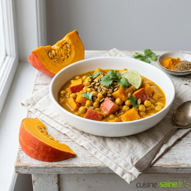 Recette de curry de potimarron aux pois chiches et lait de coco, sans gluten et vegan
