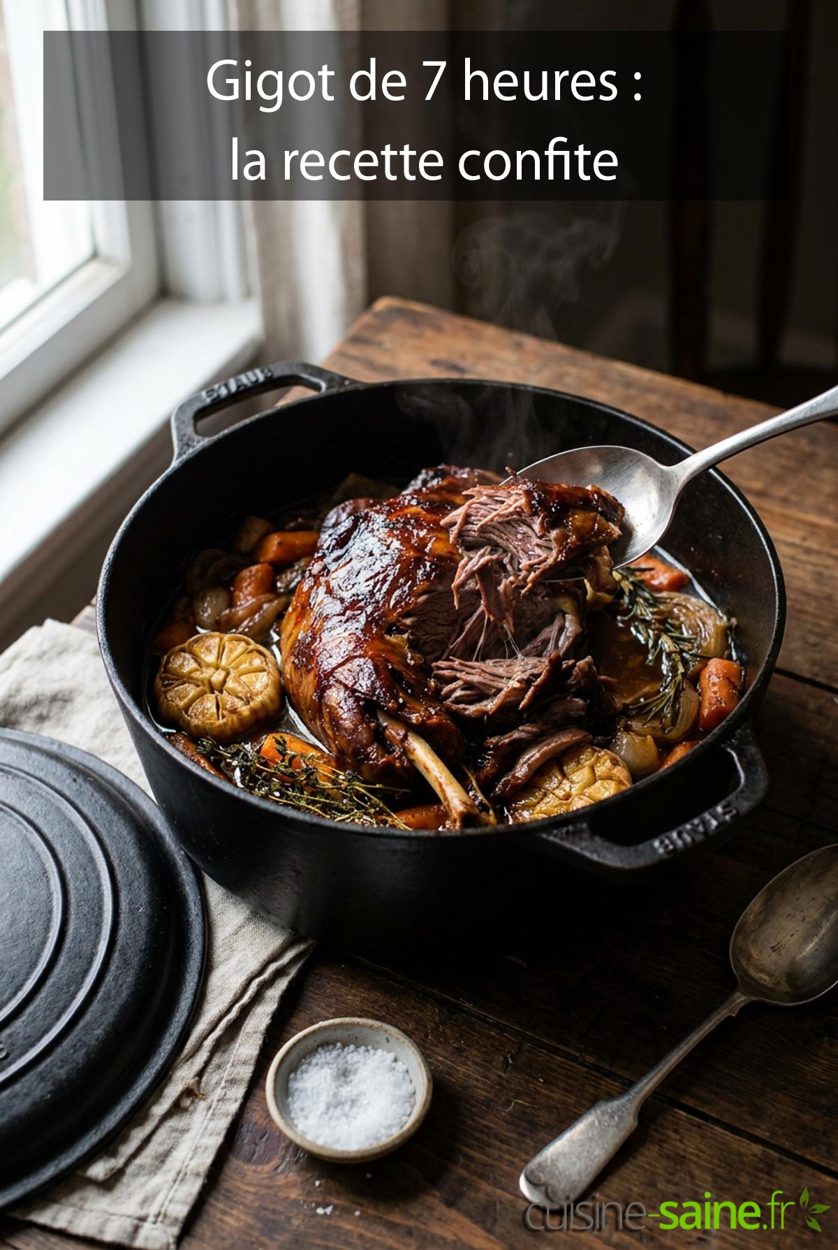 Gigot de 7 heures confit à l'ail, viande qui se détache à la cuillère