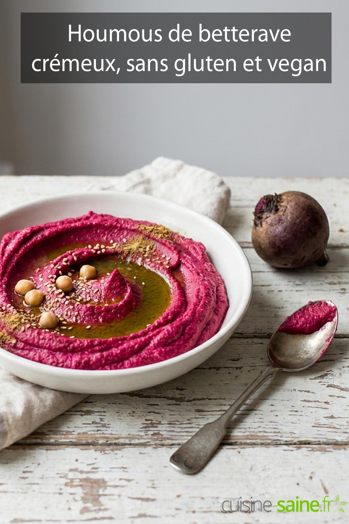 Recette de houmous de betterave aux pois chiches, sans gluten et vegan