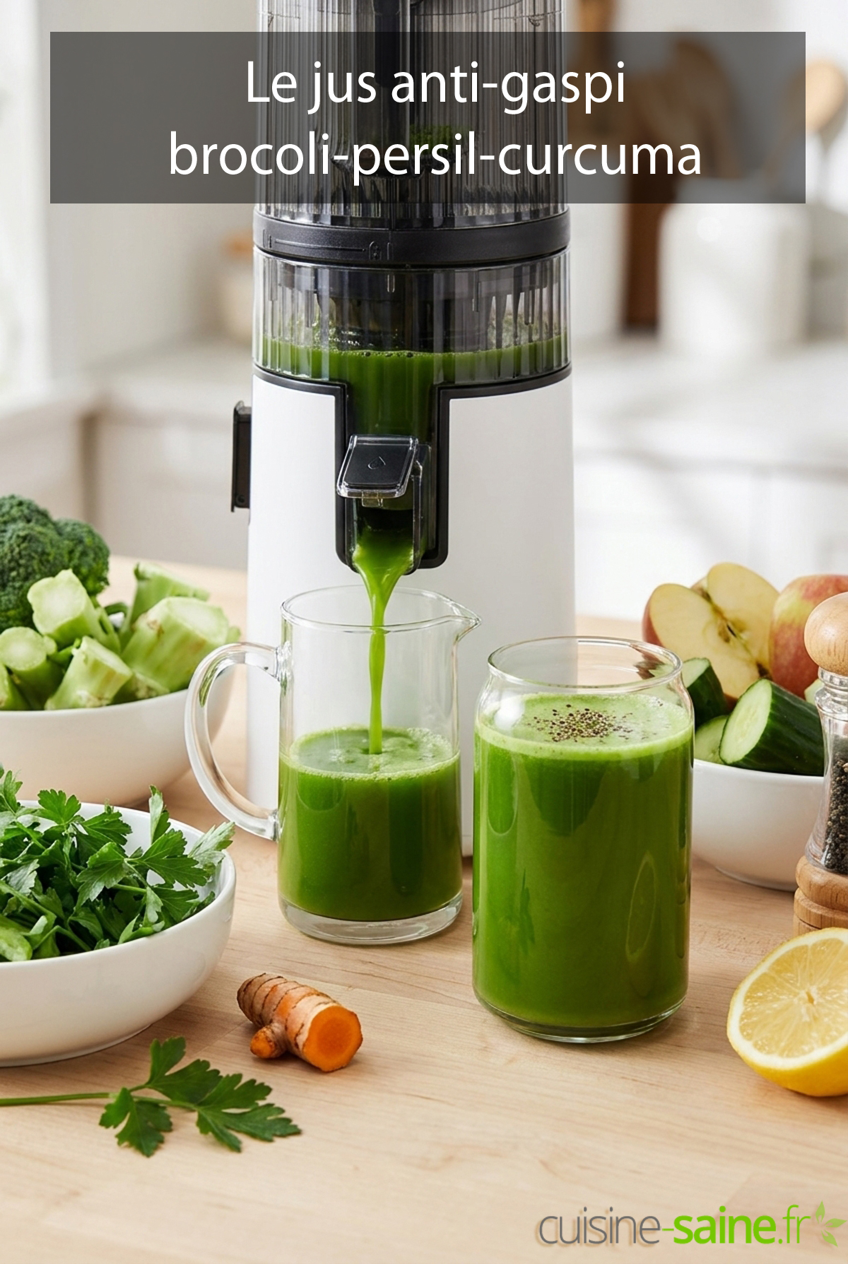 Jus vert anti-gaspi tiges de brocoli persil curcuma à l'extracteur