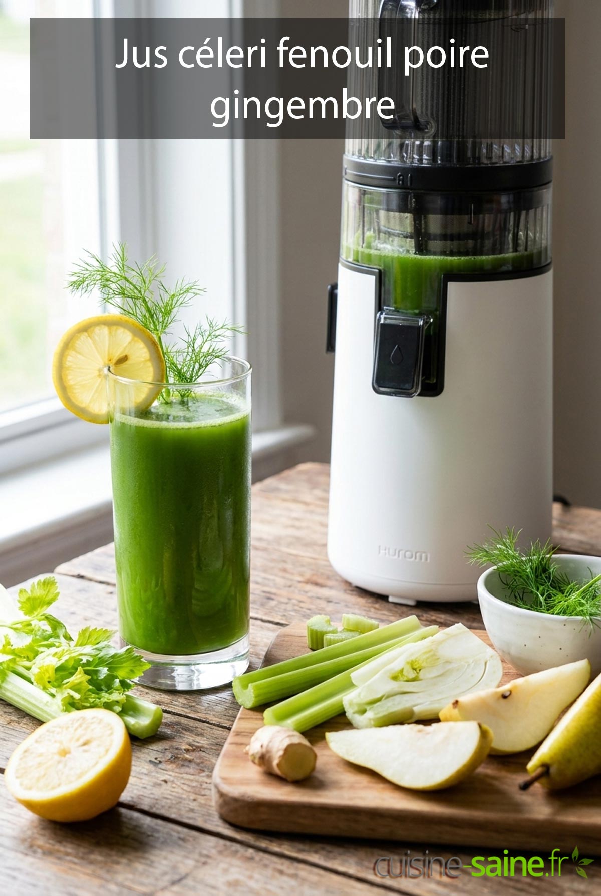 Jus vert céleri fenouil poire gingembre à l'extracteur de jus