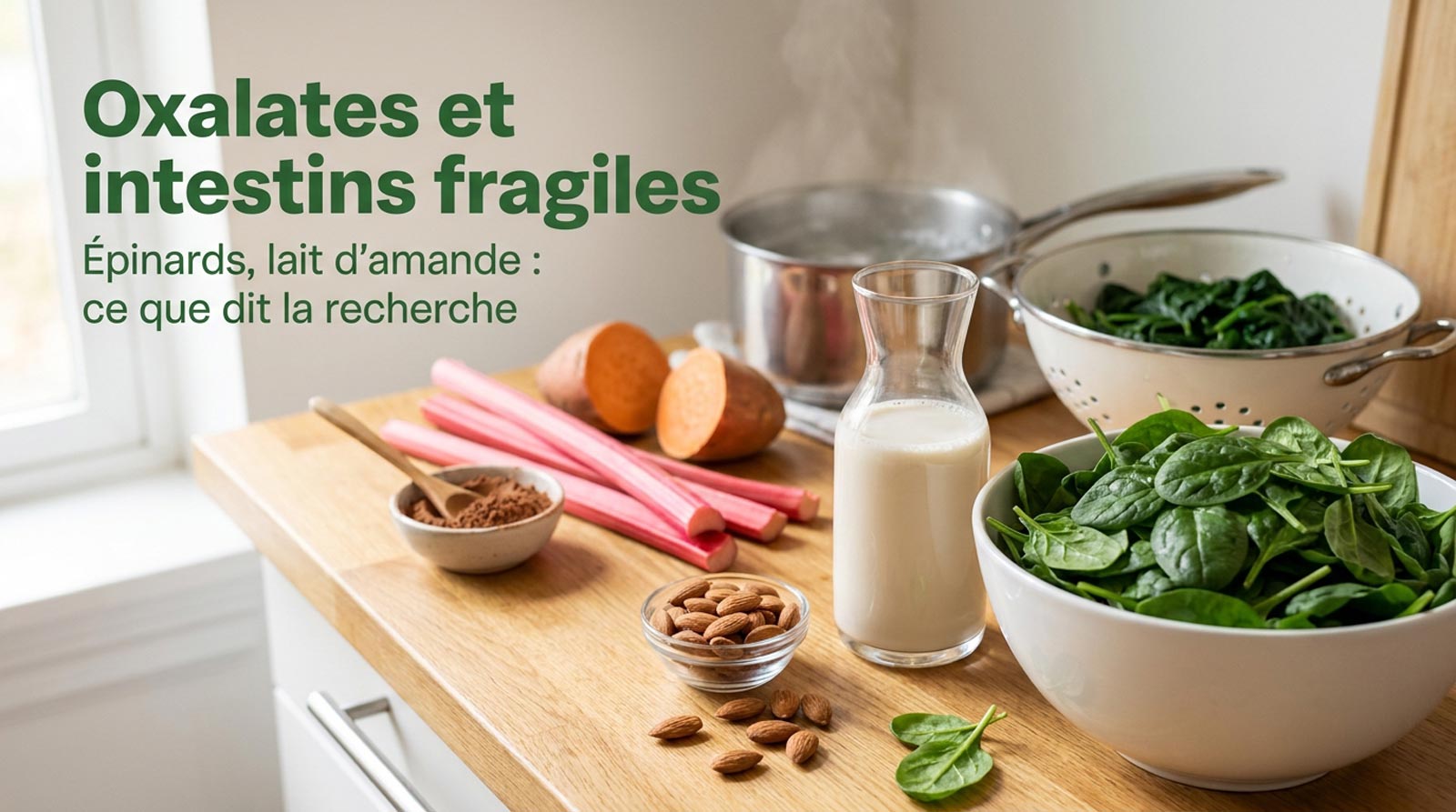 Épinards frais, carafe de boisson d'amande, amandes, patate douce, rhubarbe et cacao sur une table de cuisine, avec le titre Oxalates et intestins fragiles