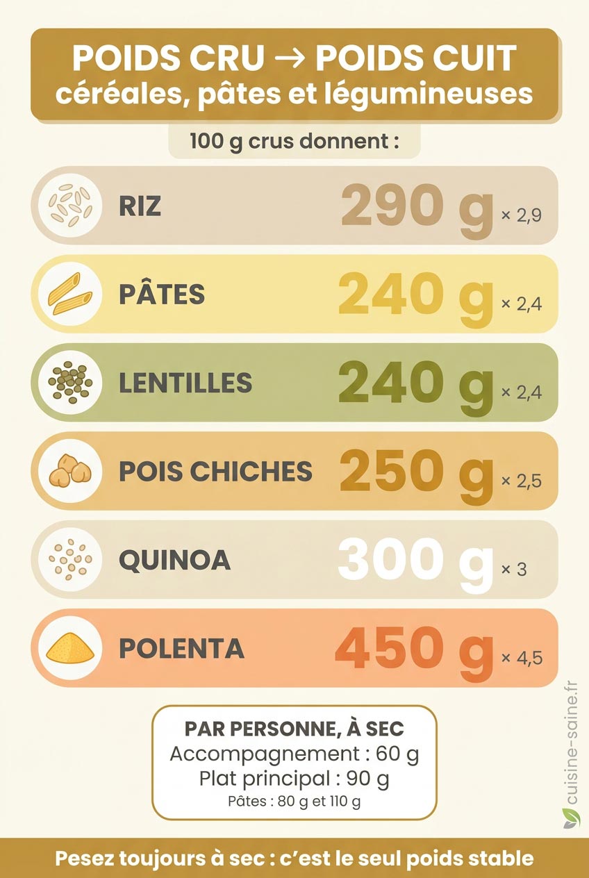 Infographie des poids cuits obtenus à partir de 100 g de riz, pâtes, lentilles, pois chiches, quinoa et polenta