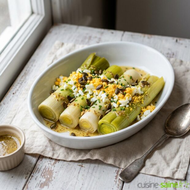 Recette de poireaux vinaigrette revisités à l'œuf mimosa et graines de courge, sans gluten