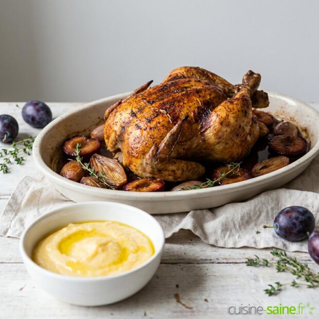 Recette de poulet rôti aux quetsches et thym avec polenta crémeuse, sans gluten
