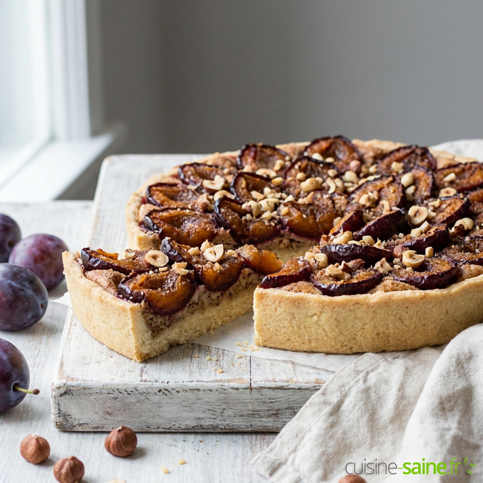 Tarte aux quetsches sans gluten, pâte à la noisette