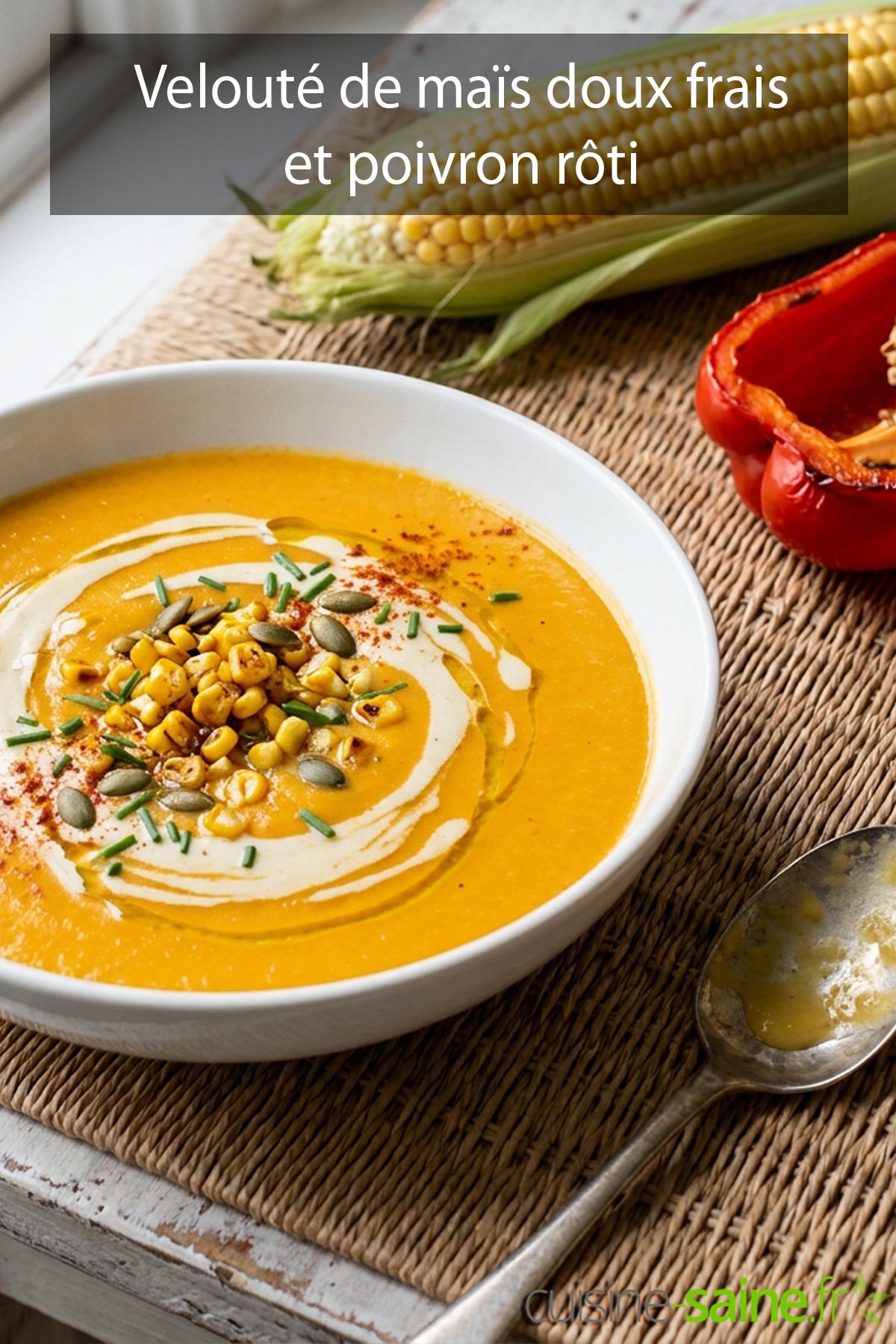 Recette de velouté de maïs doux frais et poivron rôti, sans gluten et vegan