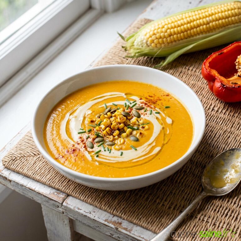 Recette de velouté de maïs doux frais et poivron rôti, sans gluten et vegan