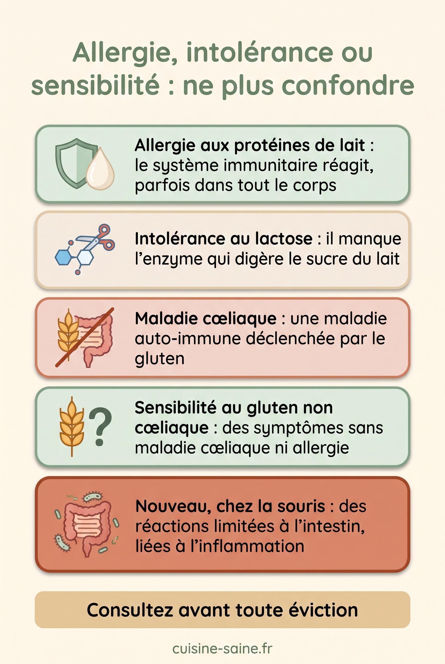 Infographie comparant l'allergie aux protéines de lait, l'intolérance au lactose, la maladie cœliaque, la sensibilité au gluten non cœliaque et les réactions intestinales locales observées chez la souris